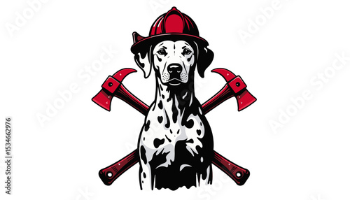 Firefighter dog illustration wearing helmet with axes in vibrant style