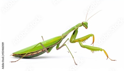 The Elegant Praying Mantis: a close-up, vibrant shot of a stunning praying mantis, revealing its intricate features and captivating gaze against a clean, light backdrop.