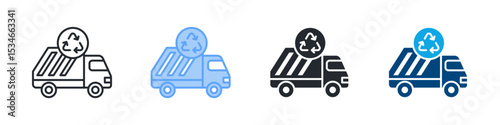 Garbage Truck Icon Set Multiple Style. Design In Outline, Blue, Glyph, Dualtone