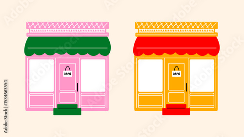 Confectionery street fair stalls Cartoon vector illustration of candy market booths. Sweet shops with cakes, cookies, and colorful pastries. 