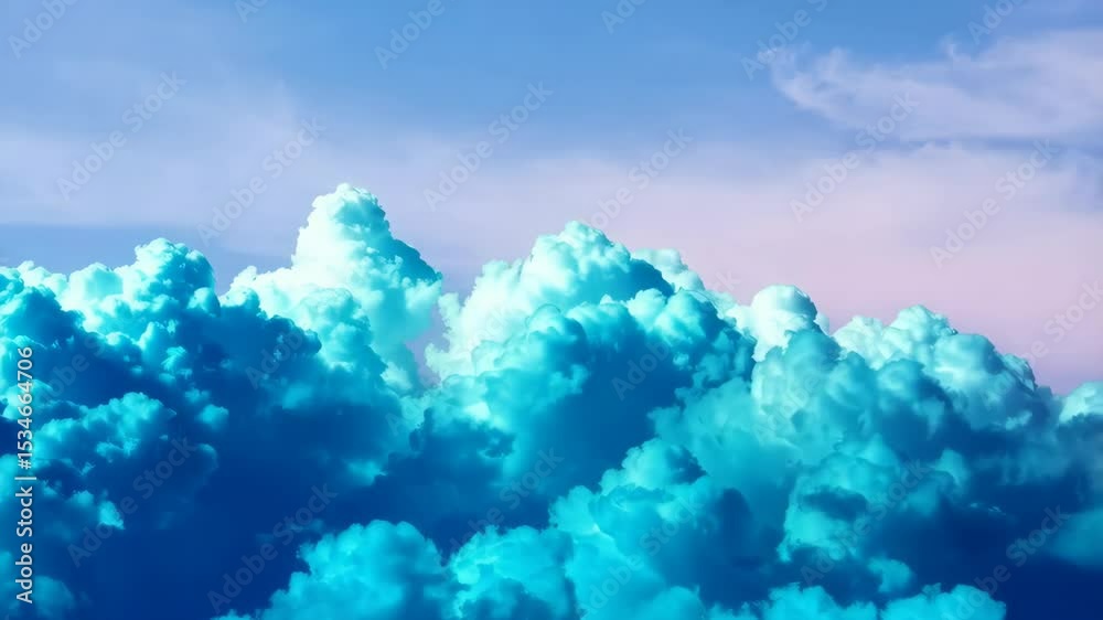 Fluffy cumulus cloudscape against blue sky with soft pastel colors creating a dreamy atmosphere in the sky, sky scene