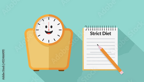 Colorful diet scale and notepad with strict diet plan in cheerful style
