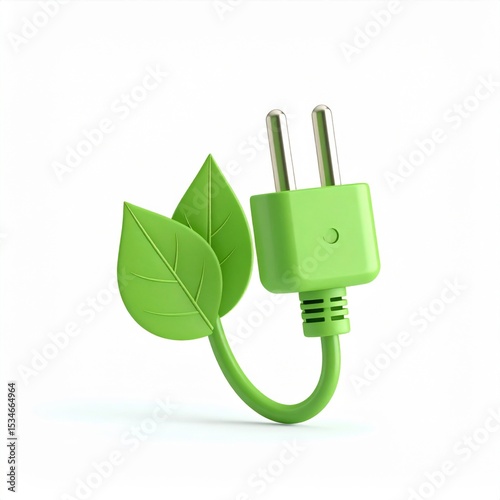 Green Electric Plug with Leaves on White Background