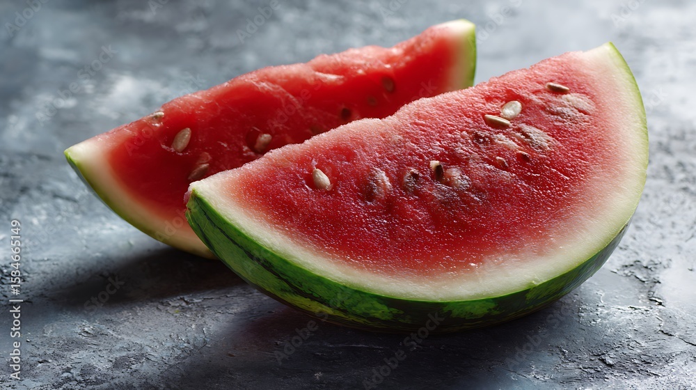 Slices of Juicy Watermelon on a Dark Surface Slices of Juicy Watermelon on a Dark Surface