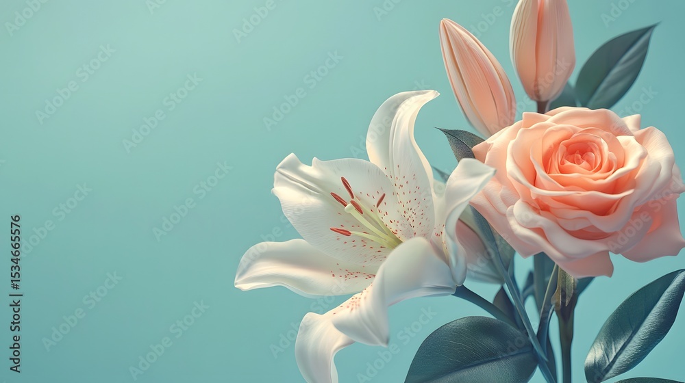 Fototapeta premium Photograph of two flowers against a teal background, featuring a white lily and a peach rose.