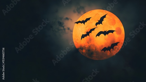 Digital illustration of a blood-red moon with bat silhouettes against a cloudy night sky.
