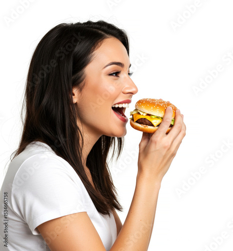 Woman preparing to eat a hamburger, happy and satisfied face on white