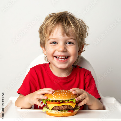 Boy preparing to eat a hamburger, happy and satisfied face on white