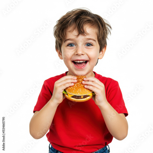 Boy preparing to eat a hamburger, happy and satisfied face on white