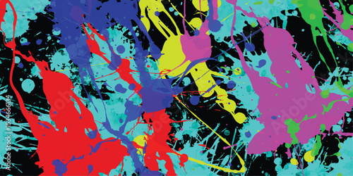 Dynamic colorful splatter paint abstract background with vibrant hues against a dark backdrop for artistic design and creative projects