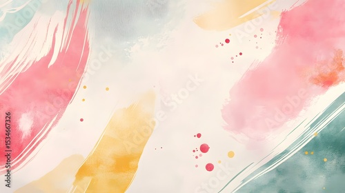 Abstract painting features overlapping watercolor strokes in pink, yellow, and teal on a white background.
