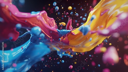 3D render of vibrant, swirling paint droplets in pink, blue, and yellow, creating a dynamic abstract composition.