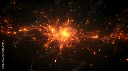 Digital illustration of a vibrant, interconnected network of fiery orange particles exploding outwards against a...