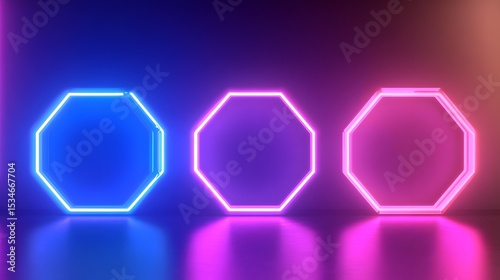 3D render of luminous, overlapping neon hexagons against a vibrant blue and purple background.