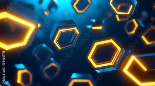 3D render of glowing orange hexagons suspended against a dark blue background.