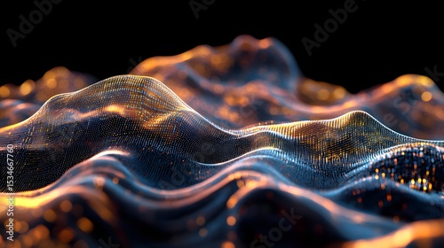 3D render of undulating, golden-dotted waves against a dark background.