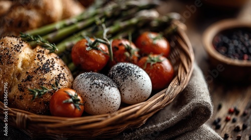 Rustic still life showcasing fresh organic produce in a woven basket