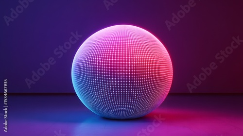 3D render of a glowing, pink and blue sphere with a wireframe grid pattern on a dark, reflective floor.