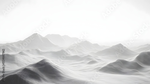 3D render of abstract mountains in a hazy, undulating landscape.