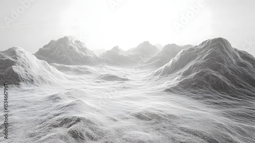 3D render of jagged, towering mountains shrouded in dense, swirling mist.