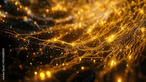 Digital illustration of glowing, interconnected lines and particles in shades of gold against a dark background.