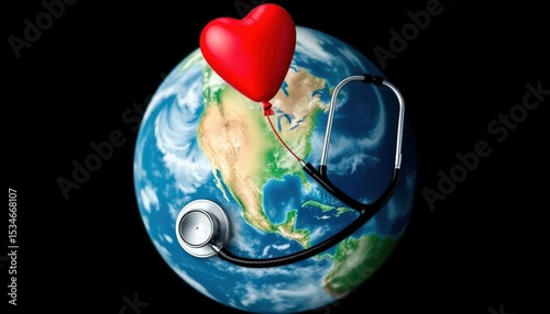 Earth Resting in Red Heart Balloon ,Symbolizing Love for the Planet and Global Concern