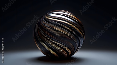 3D render of a dark sphere with intricate golden swirling lines against a grey backdrop.
