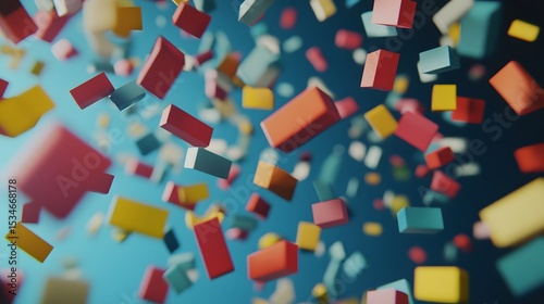 3D render of floating, multicolored cubes against a teal background.