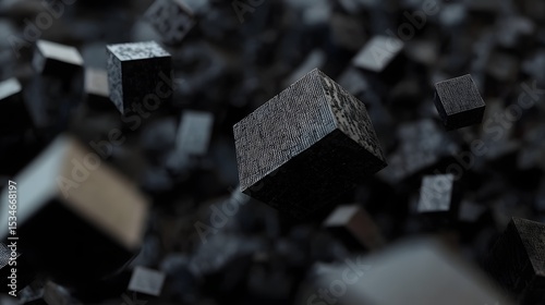 3D render of numerous geometric cubes floating in a dark, textured void.