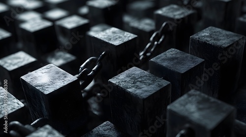 3D render of interlocking black cubes and chains, creating a dense, abstract composition.