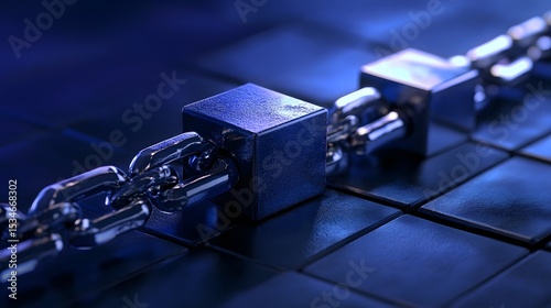 3D render showcases a dark blue cube secured by a silver chain on a checkered floor.
