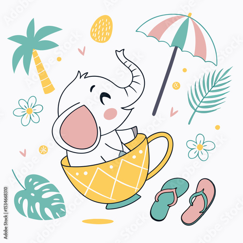 A Funny Baby elephant with sitting in a teacup ride in a Tropical theme – Tropical Vibes palette SVG illustration