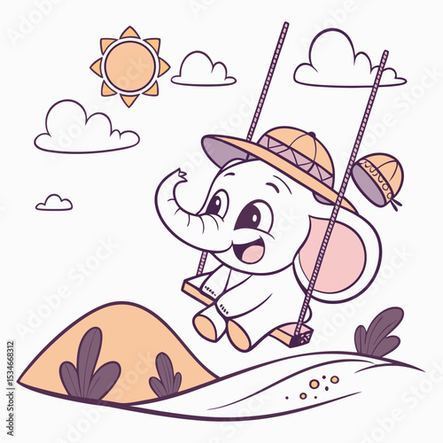 An adorable Baby elephant with a Sleepy vibe, on a cloud swing, and a Sundown Glow Desert sunset theme – SVG style