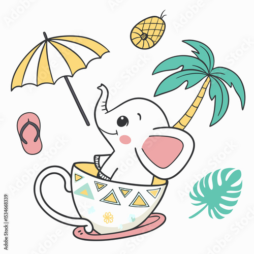 A Funny Baby elephant with sitting in a teacup ride in a Tropical theme – Tropical Vibes palette SVG illustration