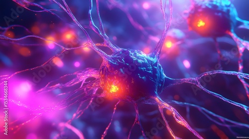 3D render of a neuron with vibrant pink and red filaments, showcasing intricate neural network structure.