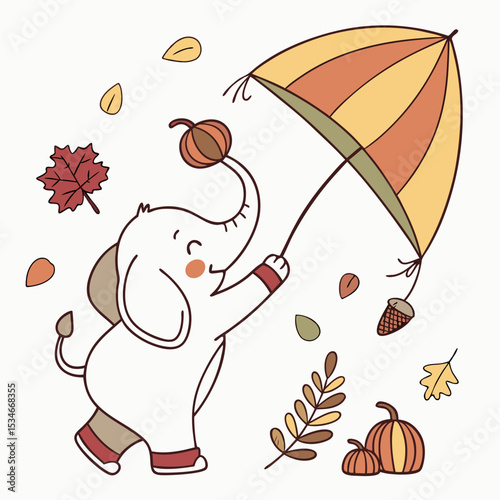 Cute Cheerful Baby elephant, accessorized with with a rainbow kite, in a Autumn world – Autumn Leaves palette vector