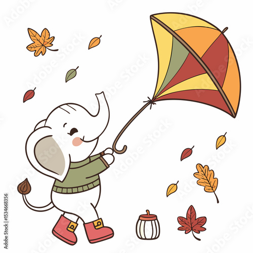 Cute Cheerful Baby elephant, accessorized with with a rainbow kite, in a Autumn world – Autumn Leaves palette vector