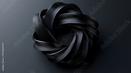 3D render of a sleek, black, swirling ribbon-like form creating a complex knot.