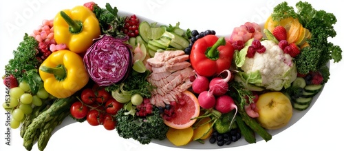 Colorful Arrangement of Various Fruits and Vegetables on Plate
