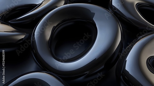 3D render of interlocking, glossy black ovals creates a complex, abstract pattern.