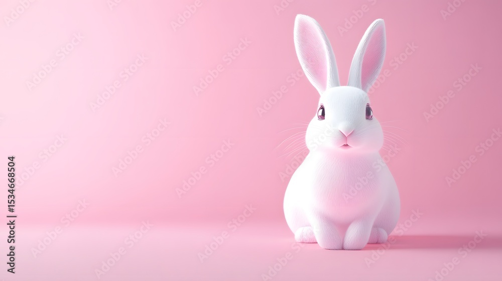 Obraz premium 3D render of a fluffy white rabbit sits on a vibrant pink background.