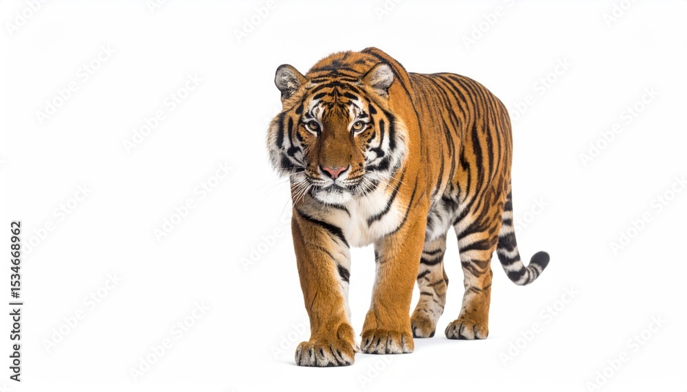 Obraz premium Majestic Tiger on the Prowl: A powerful tiger confidently strides forward, its striking orange and black stripes and piercing gaze capturing the essence of the wild and regal nature.