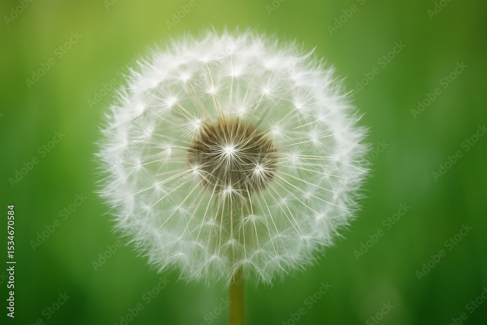 Fototapeta premium Detailed Close-up of Dandelion Seed Head Against Green Bokeh