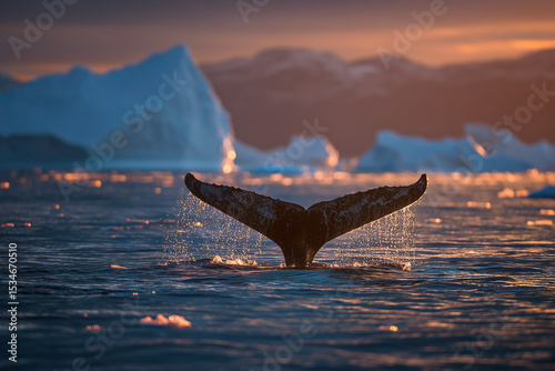 Humpback whale tail at sunset ocean