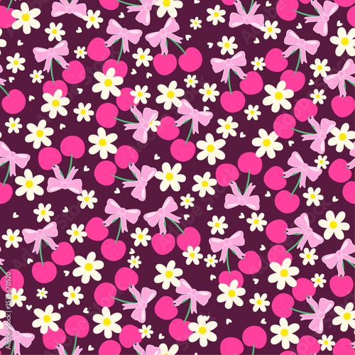 Pink dark base strawberry and bow daisy seamless pattern textile print