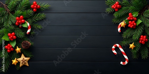 Pine branch with red berries and cones on a black wooden table a dark, wooden plank background with some red berries and green foliage in the corners