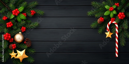 Pine branch with red berries and cones on a black wooden table a dark, wooden plank background with some red berries and green foliage in the corners
