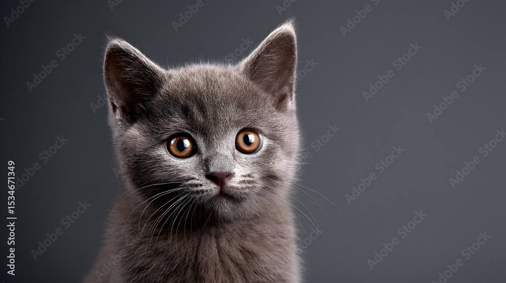 Obraz premium Adorable gray kitten with big brown eyes posing against a dark gray background
