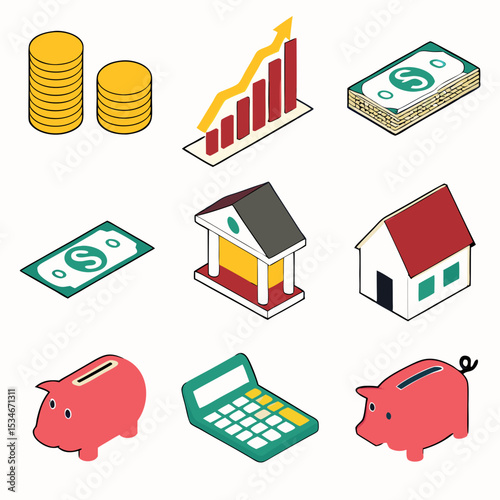 Isometric Finance Icons Set featuring Savings Growth Money Bank Home Piggy Bank and Calculator ideal for Business Branding and Financial Applications
