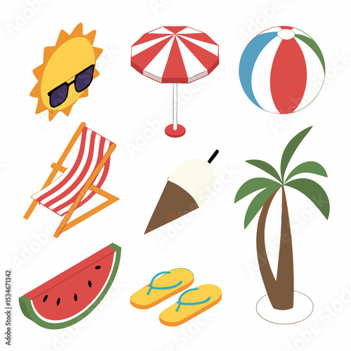 Delightful Summer Icons Beach Fun Sun Lounger Watermelon Palm Tree